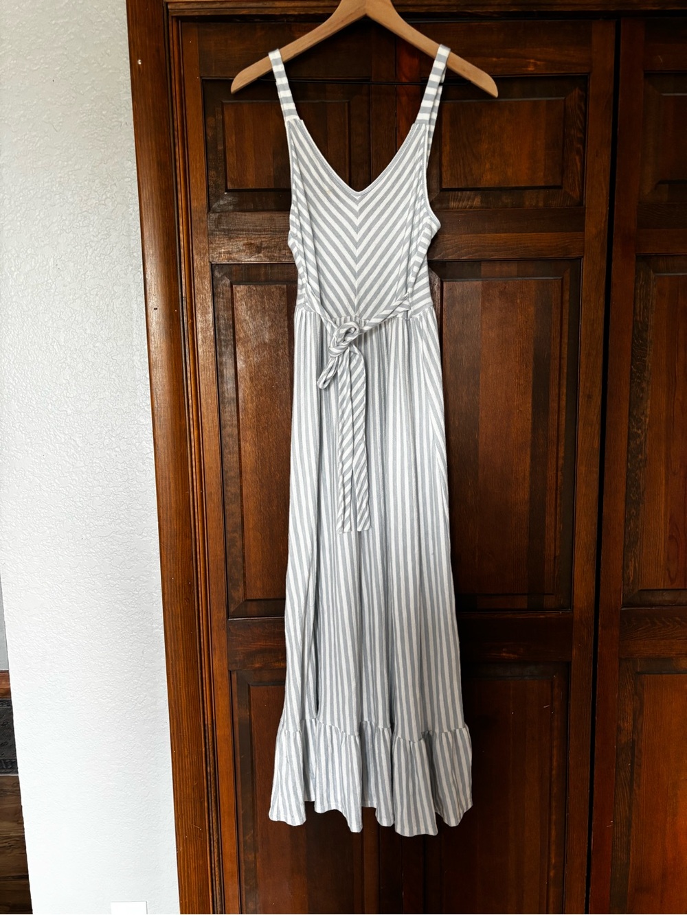Caution To The Wind Gray & White Striped V-Neck Maxi Dress with Tie Waist